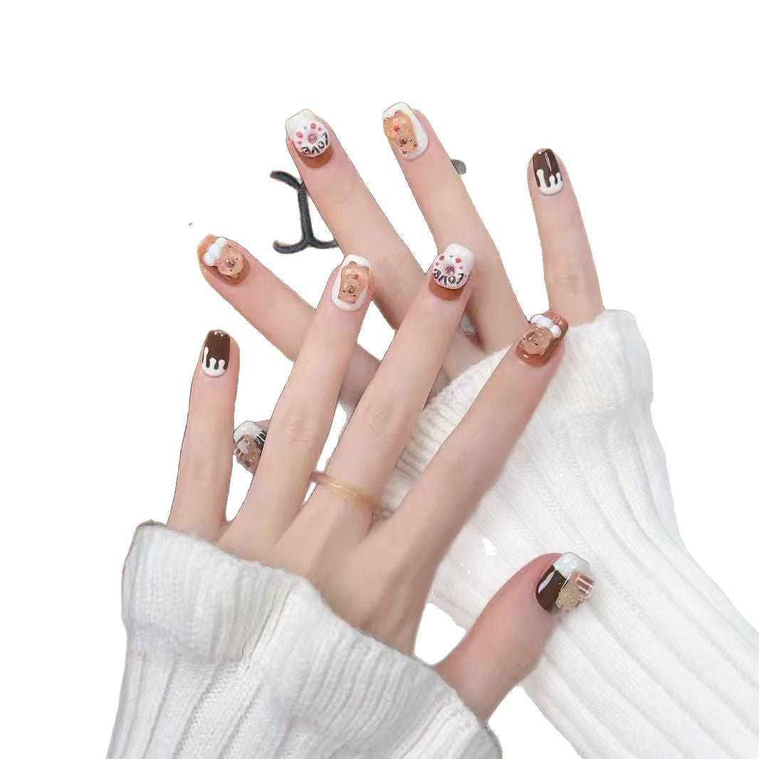 Thematic Press-On Nail Art Set with Cute Bear Designs Bowlift