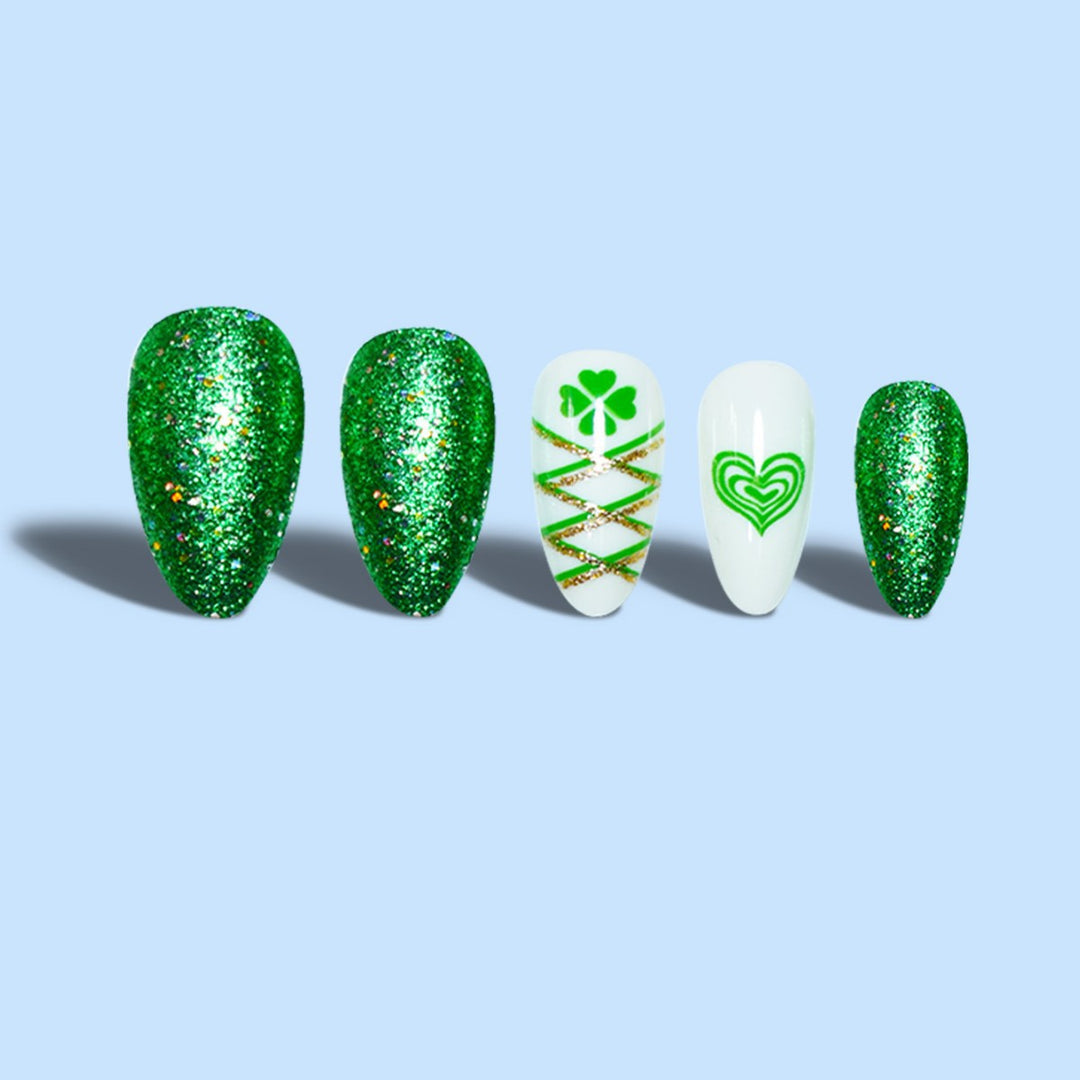 Glamorous Stiletto Press-On Nail Art with Glitter and Shamrock Design Bowlift