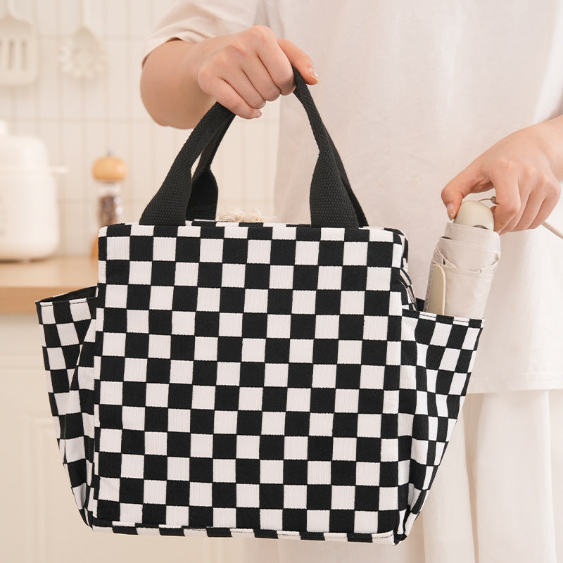 Structured Canvas Checkerboard Tote with External Side Pockets Bowlift