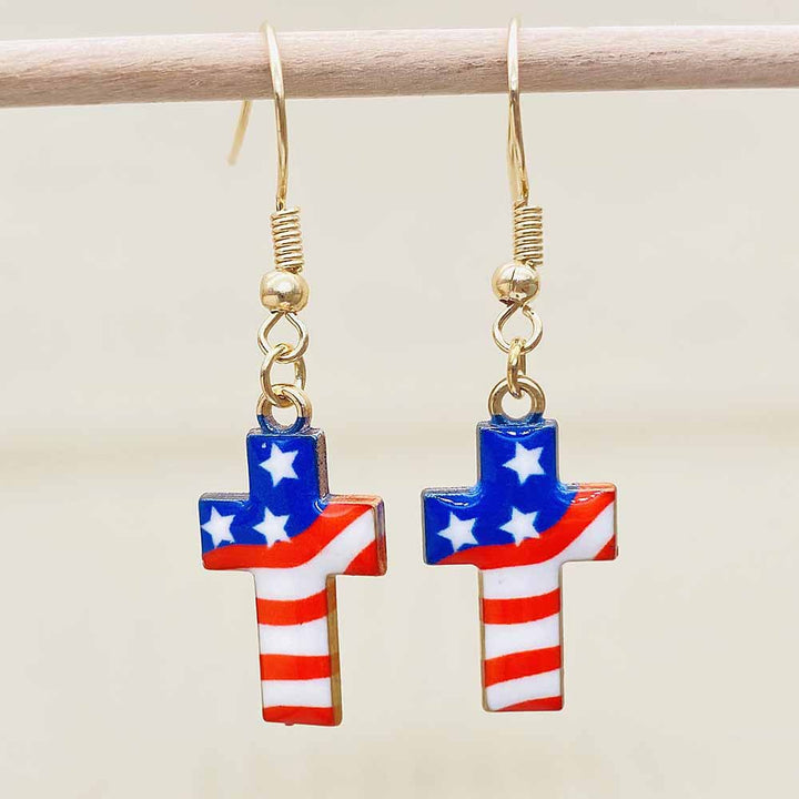 Women's filigree drop earrings with enameled flag pendants and metal hook closure Bowlift
