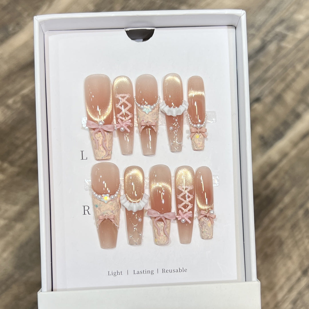 Artistic Press-On Nail Art Set with Unique Decorative Elements Bowlift