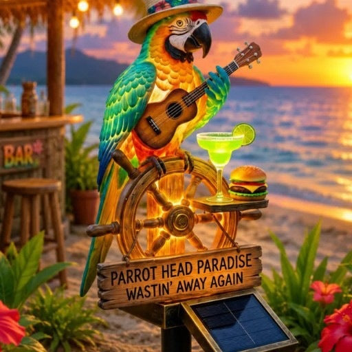 Decorative figure of a funny parrot with drink and guitar Bowlift