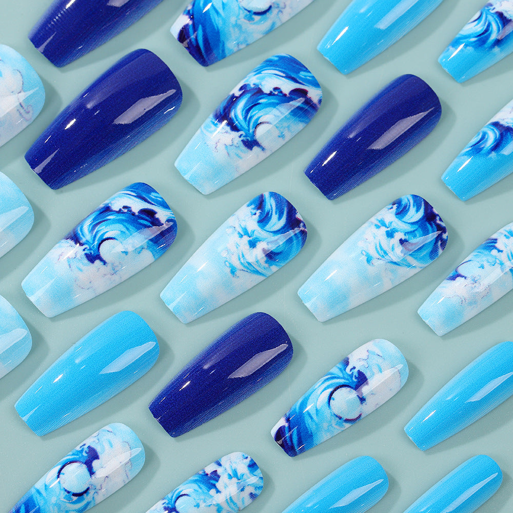 Artificial Nail Set with Maritime Wave Designs Bowlift