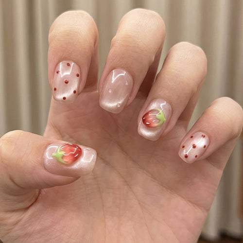 Artistic Press-On Nail Set with Strawberry Design Bowlift