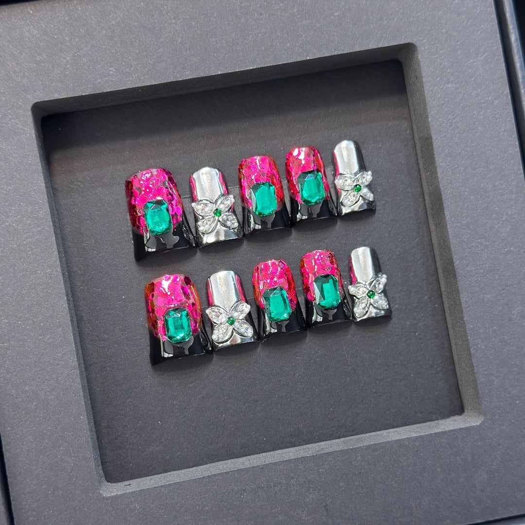 Glamorous Press-On Nail Design with Jewel Accents Bowlift