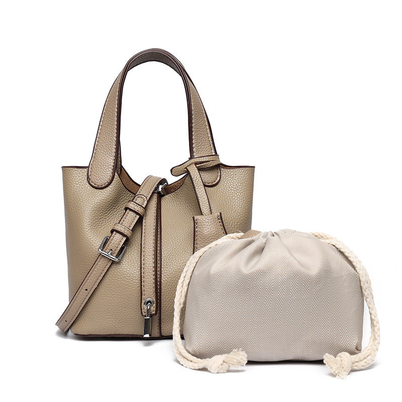 Dual-Compartment Textured Leather Tote Bag Bowlift