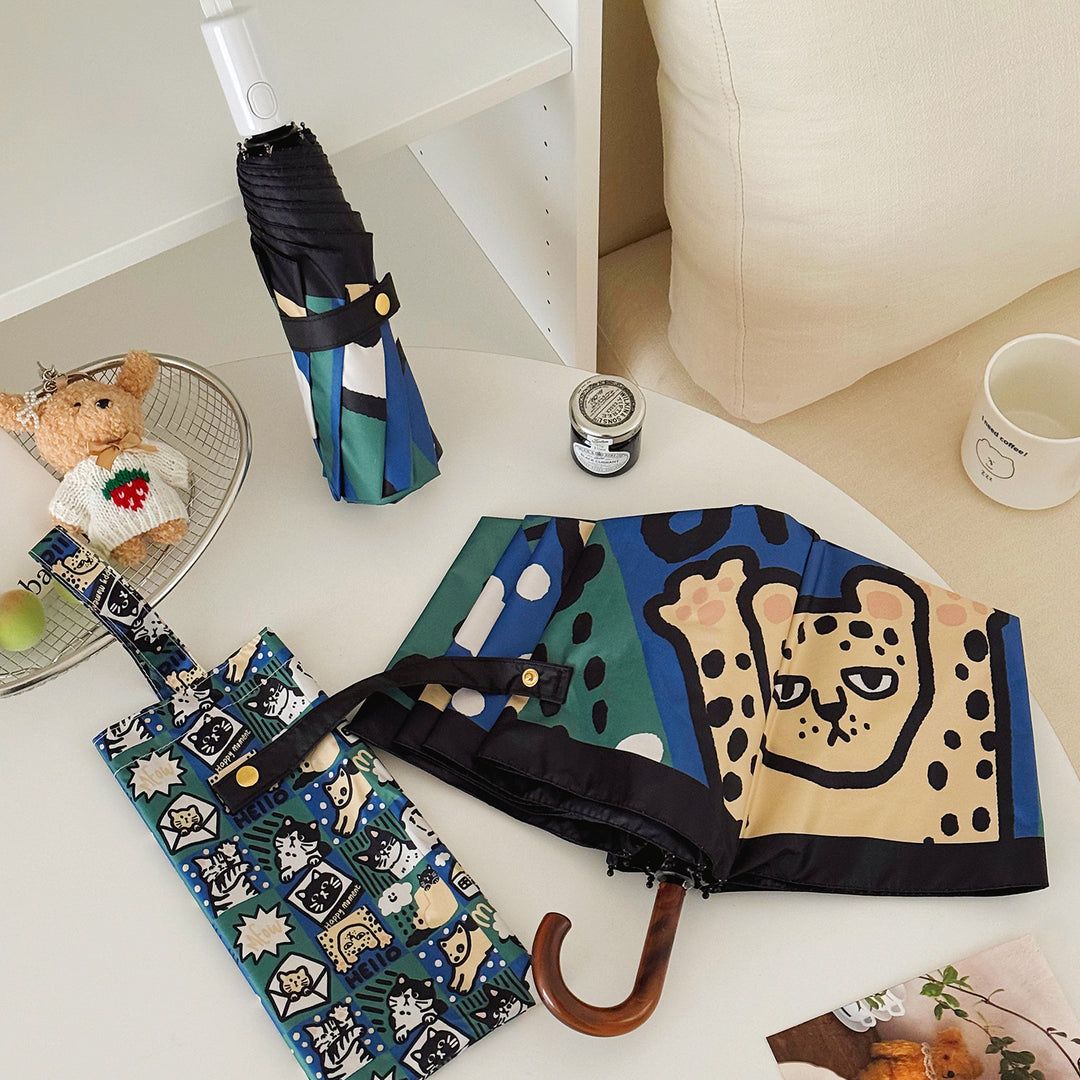 Women's Foldable Umbrella with Playful Cat Pattern Bowlift