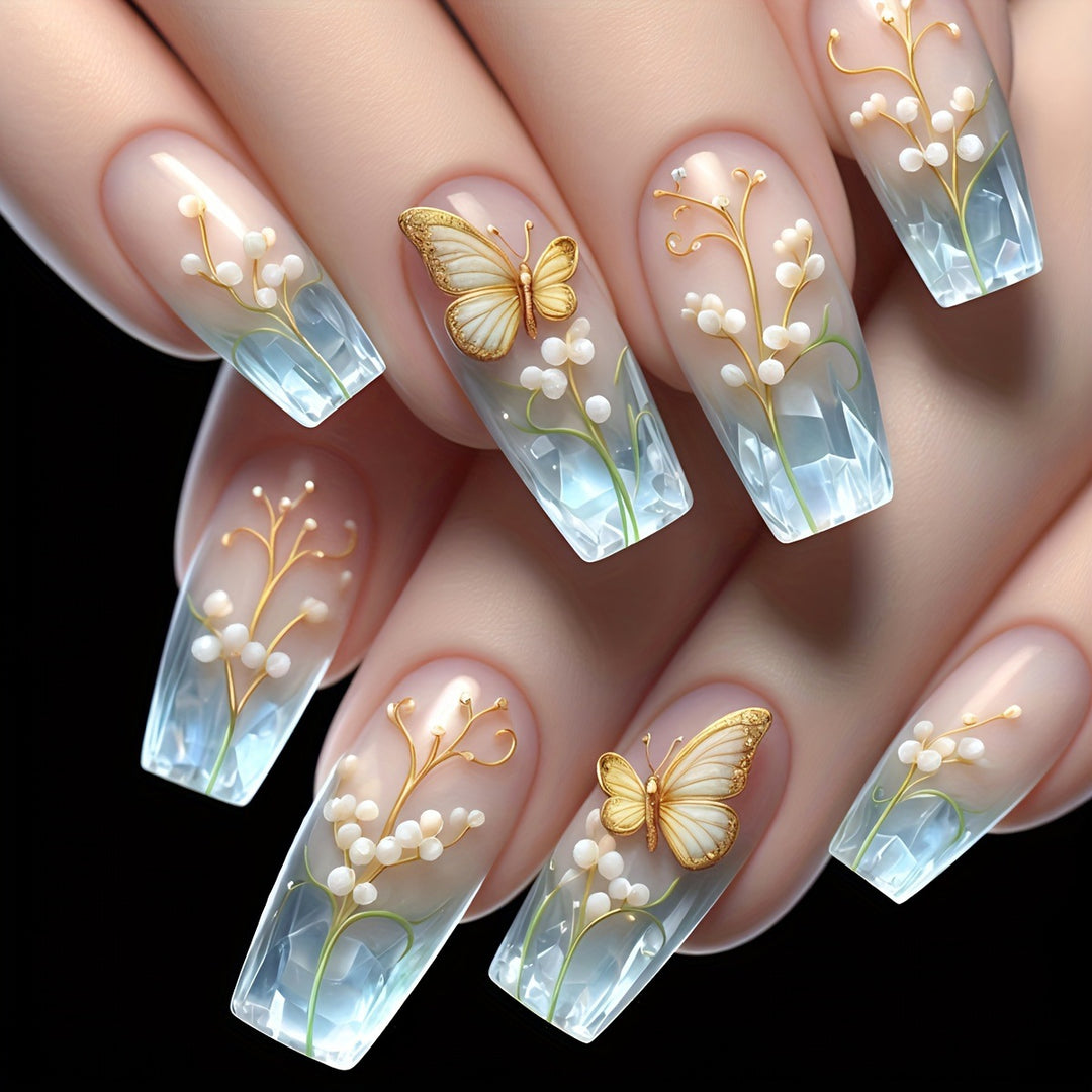 Artificial nails with elegant flower and butterfly design Bowlift