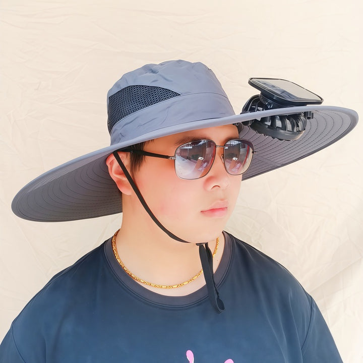 Wide-brimmed sun hat with detachable swivel solar fans and adjustable chin strap Bowlift