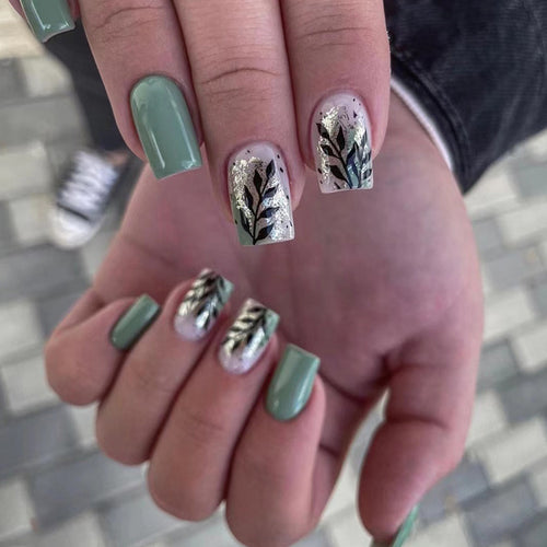 Artful Nail Extensions with Elegant Leaf Design Bowlift