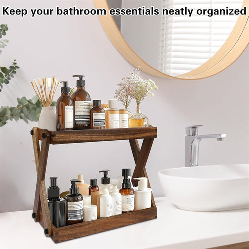 Two-Tier Solid Wood Bathroom Vanity Organizer Shelf Bowlift