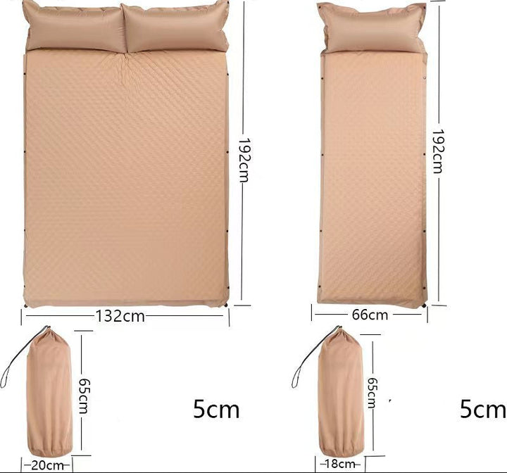 double connectable inflatable camping mattress with integrated dual pillows, egg-crate comfort surface and compact carry sack Bowlift