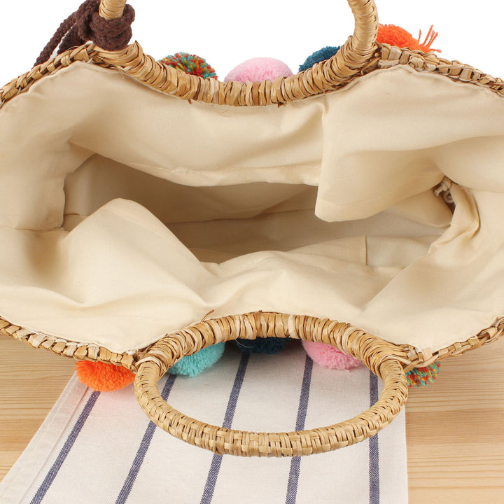Straw handbag with colorful tassels and pom poms Bowlift