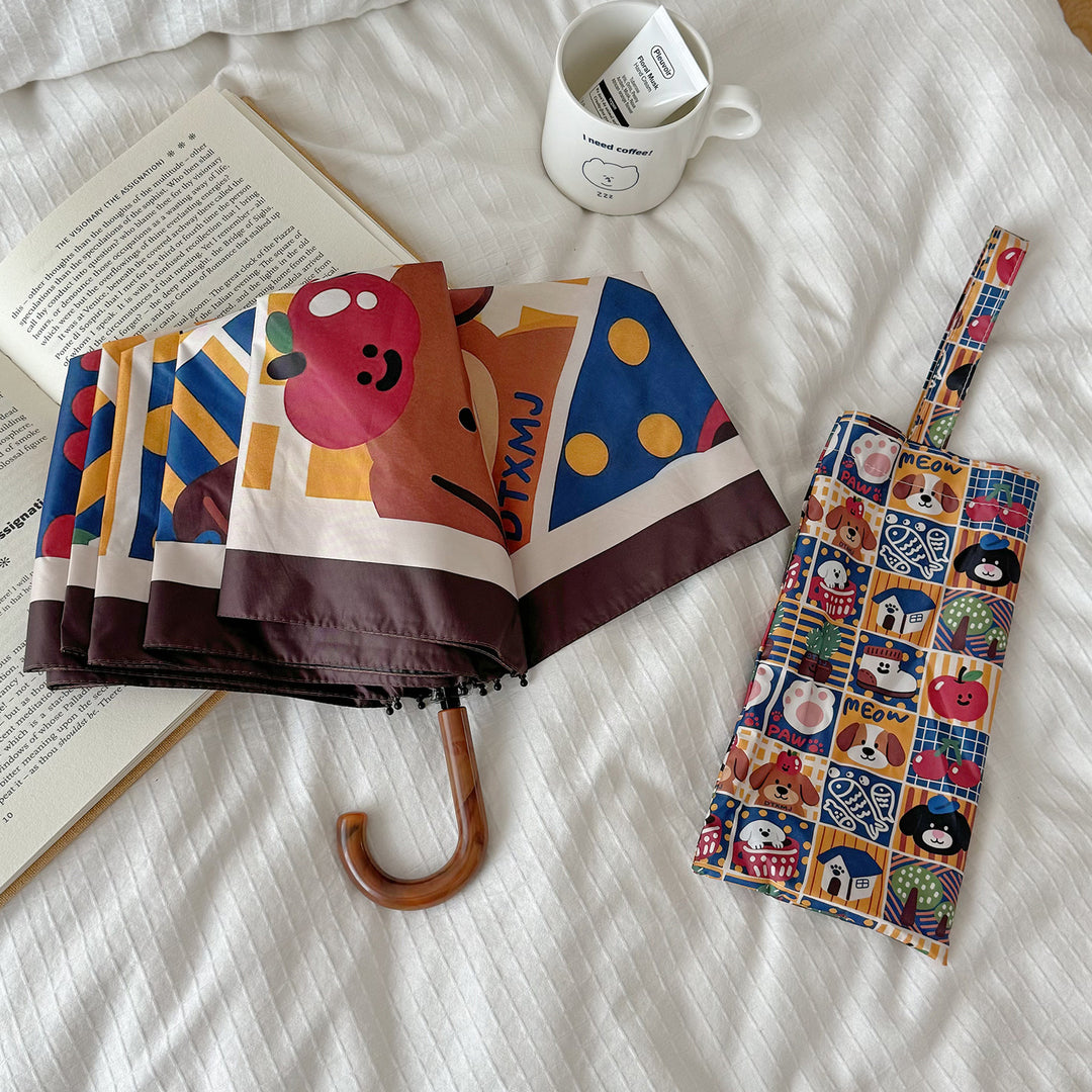 Ladies Foldable Umbrella with Playful Animal Designs Bowlift