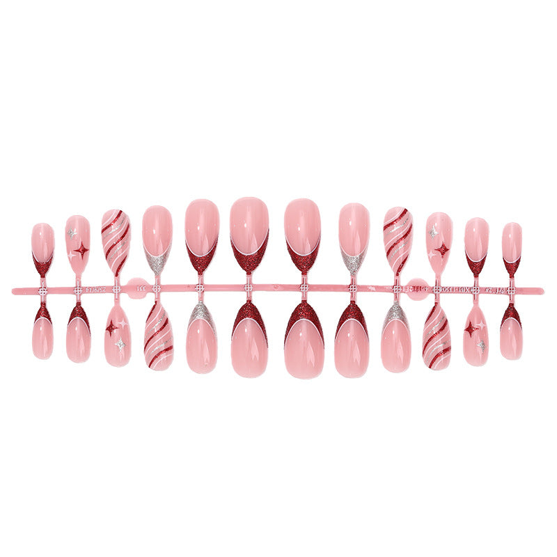 Decorative Press-On Nail Set with Glitter and Striped Design Bowlift