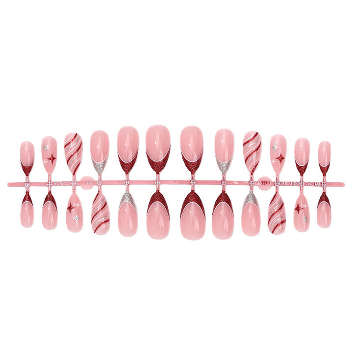Decorative Press-On Nail Set with Glitter and Striped Design Bowlift