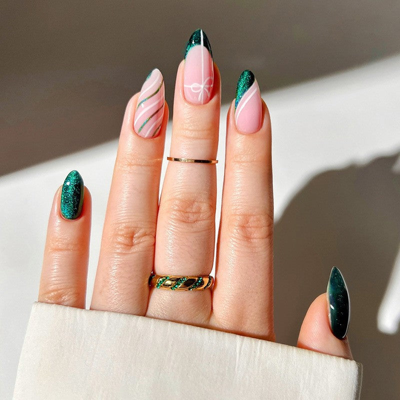 Decorative Press-On Nail Set with Glitter and Striped Design Bowlift