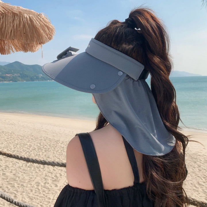 Visor with integrated solar fan, solar module, and neck protection Bowlift