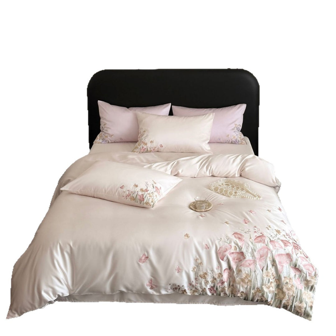 Silky Embroidered Botanical Duvet Ensemble with Decorative Pillow Shams