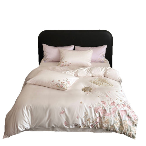 Silky Embroidered Botanical Duvet Ensemble with Decorative Pillow Shams