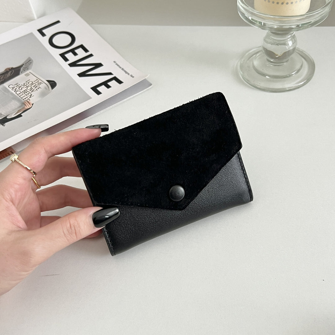 Compact Suede-Trim Leather Card Wallet Bowlift