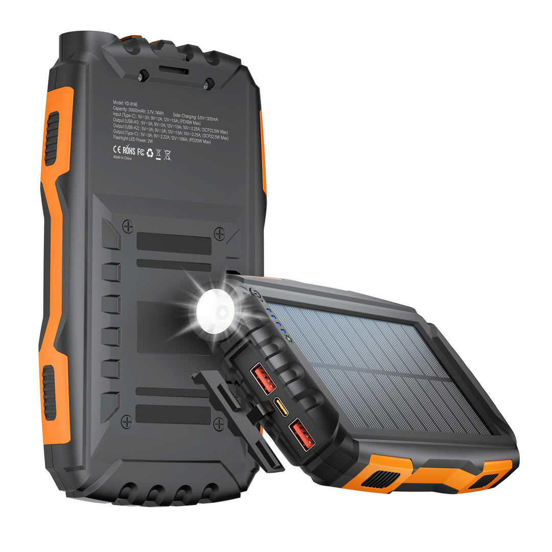 Solar power bank with integrated LED flashlight and multiple charging ports Bowlift