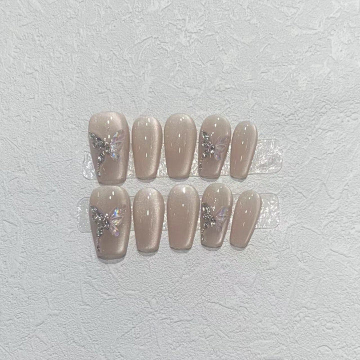 Stylish Press-On Nail Art Set with Elegant Butterfly and Gem Accents Bowlift