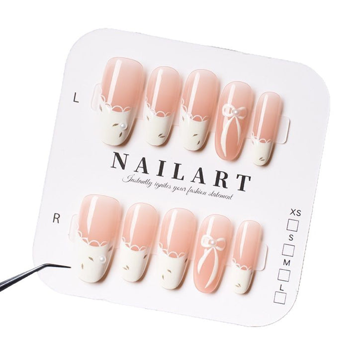 Press-On Nail Art Set with Elegant Bow and French Tip Design Bowlift