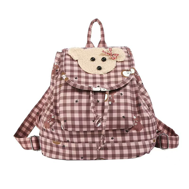 Backpack with Charming Plush Bear Motif and Playful Checkered Pattern Bowlift
