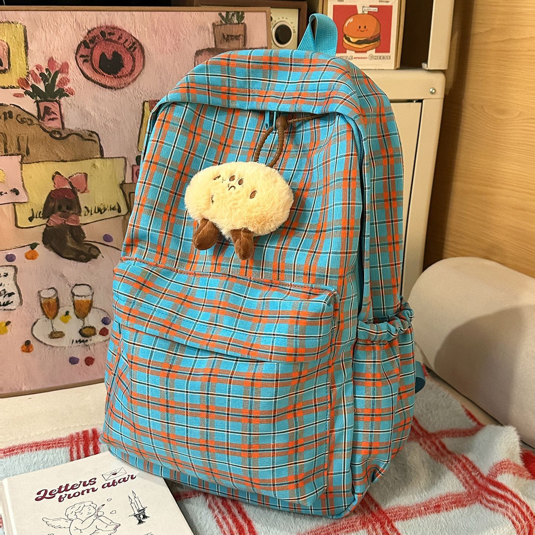 Backpack with Practical Check Pattern and Cute Plush Pendant Bowlift
