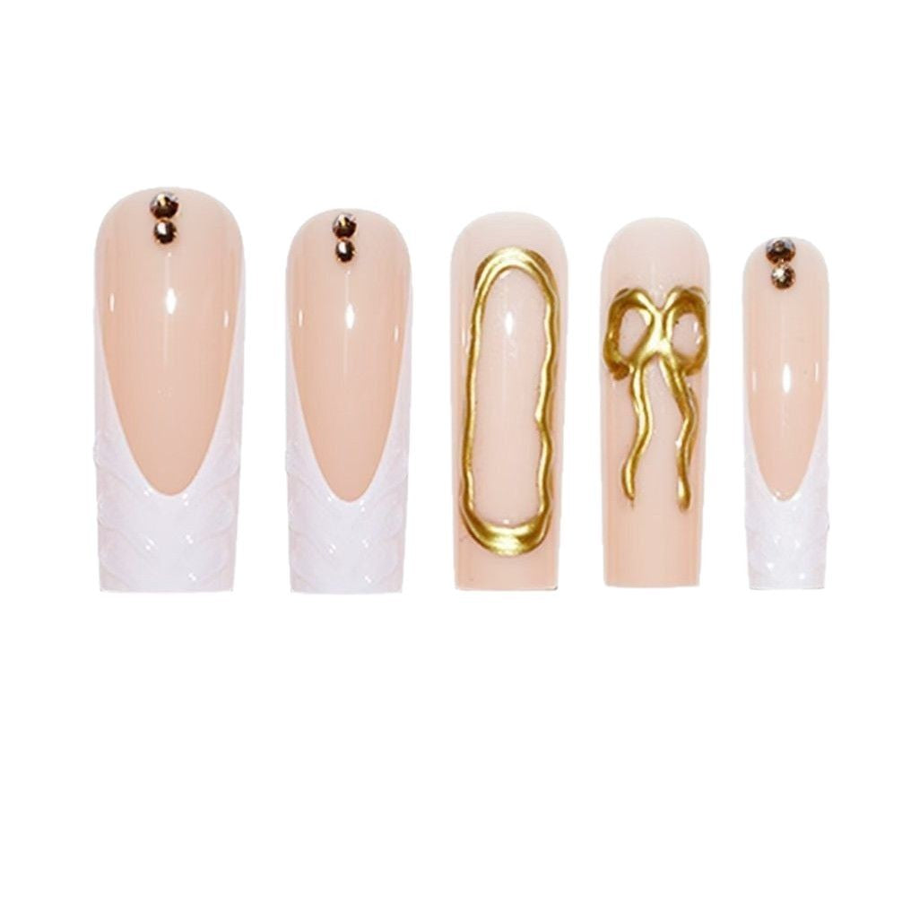 Artistic 3D Press-On Nail Set with Decorative Gold Accents Bowlift