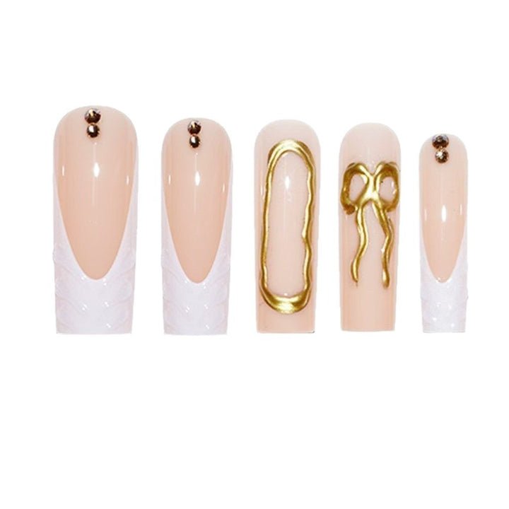 Artistic 3D Press-On Nail Set with Decorative Gold Accents Bowlift