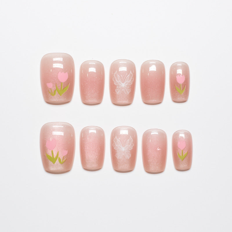 Artistic Press-On Nail Set with Floral Accents Bowlift 1787395327
