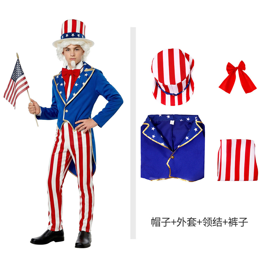Unisex nan Patriotic Americana Uncle Sam Costume Set with Tailcoat, Striped Trousers, Top Hat and Bow Bowlift