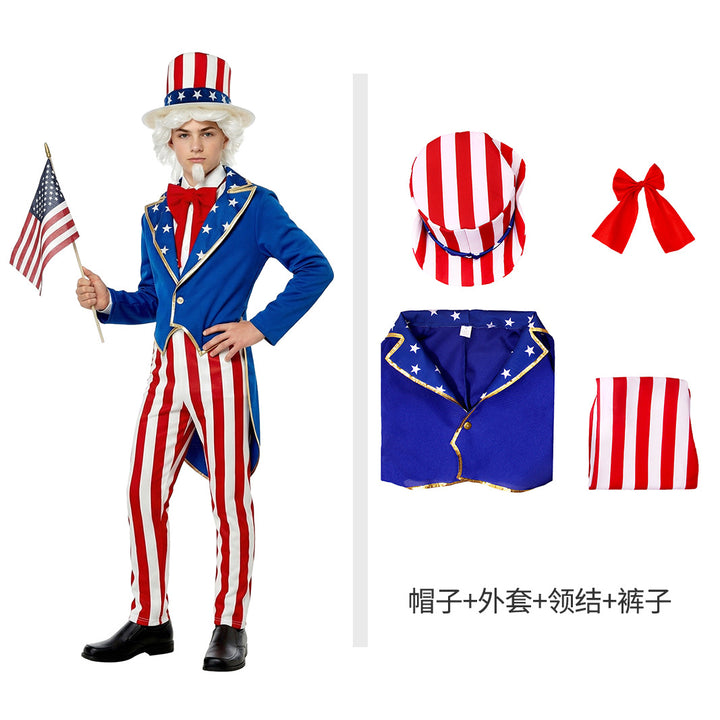 Unisex nan Patriotic Americana Uncle Sam Costume Set with Tailcoat, Striped Trousers, Top Hat and Bow Bowlift