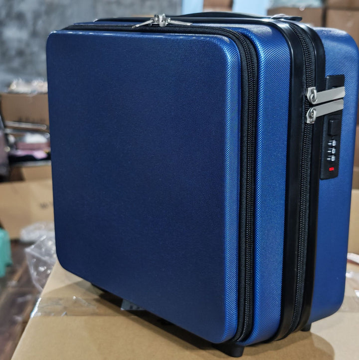 compact hard-shell travel vanity makeup case with TSA combination lock and dual-zip compartments Bowlift
