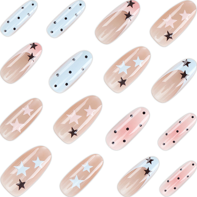 Artistic Press-On Nail Set with Star and Dot Designs Bowlift