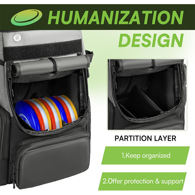 Unisex nan robust Disc Golf Backpack with padded disc compartment, side bottle holder, and multifunctional accessory pockets Bowlift