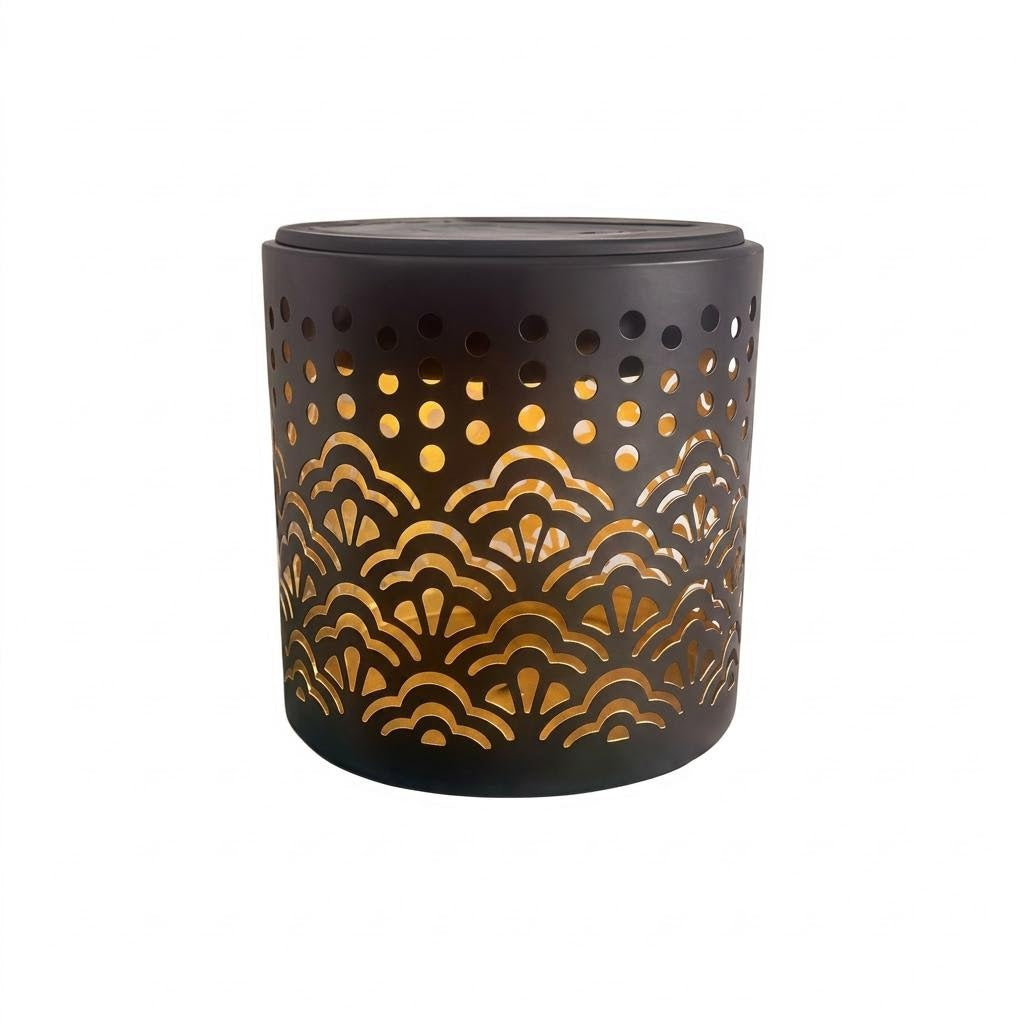 Decorative Solar-Powered Metal Lantern With Geometric Cutout And Warm LED Candle Effect Bowlift