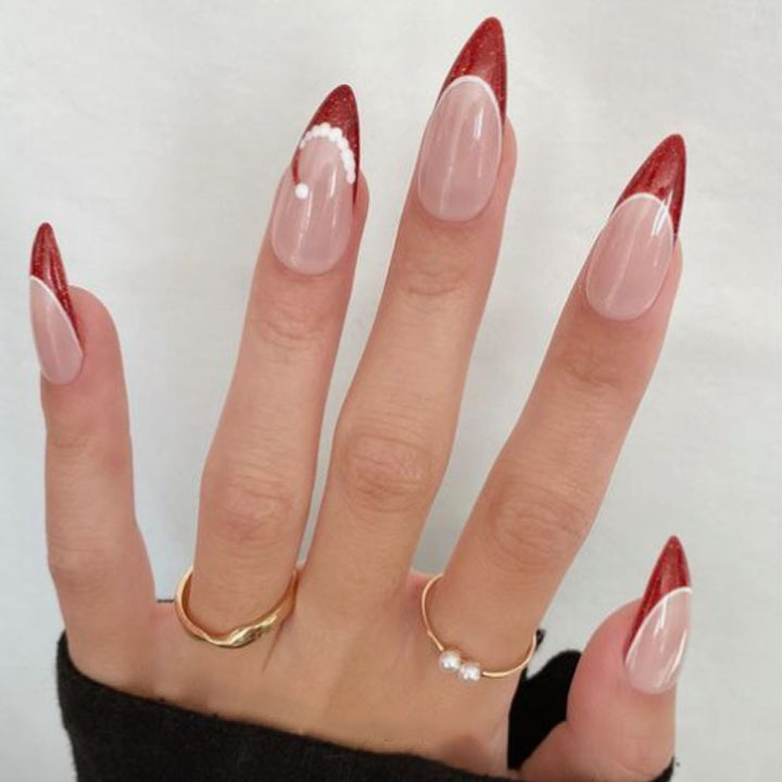 Artistic French Tip Press-On Nails with Glitter Accents Bowlift
