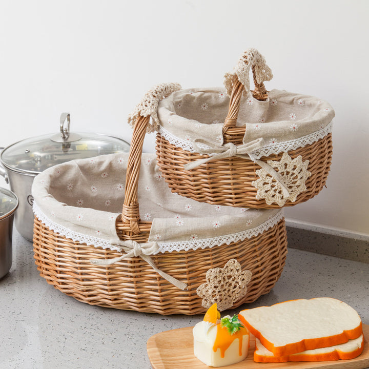 Women's braided basket with checkered fabric insert and decorative lace embellishment Bowlift