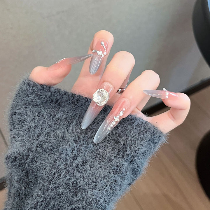 Decorative Crystal-Embellished Long Stiletto Press-On Nails Bowlift