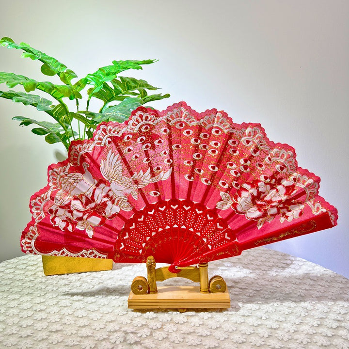 Women Folding Hand Fan with Elegant Embroidery Bowlift