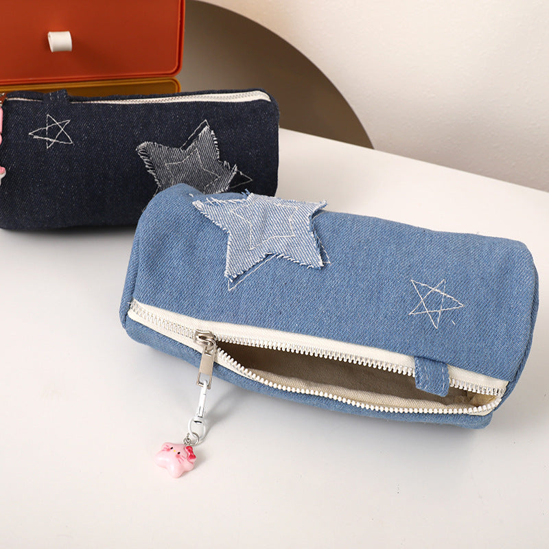 Denim Star Patch Pencil Case and Cosmetic Makeup Bag with Zipper Charm Bowlift