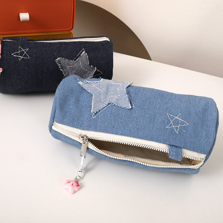 Denim Star Patch Pencil Case and Cosmetic Makeup Bag with Zipper Charm Bowlift