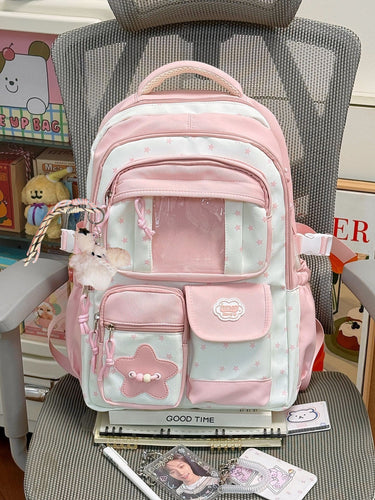 Cute Star-Print Multi-Pocket School Backpack