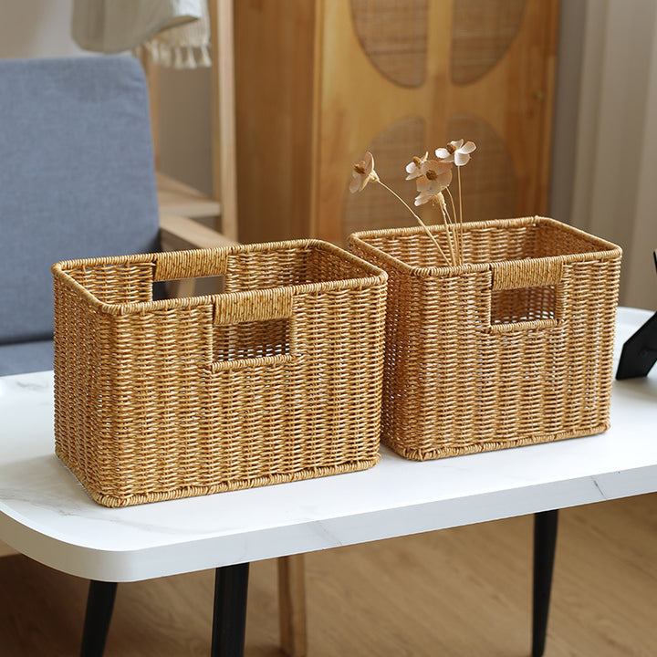 Handwoven Rectangular Storage Basket with Cutout Handles Bowlift