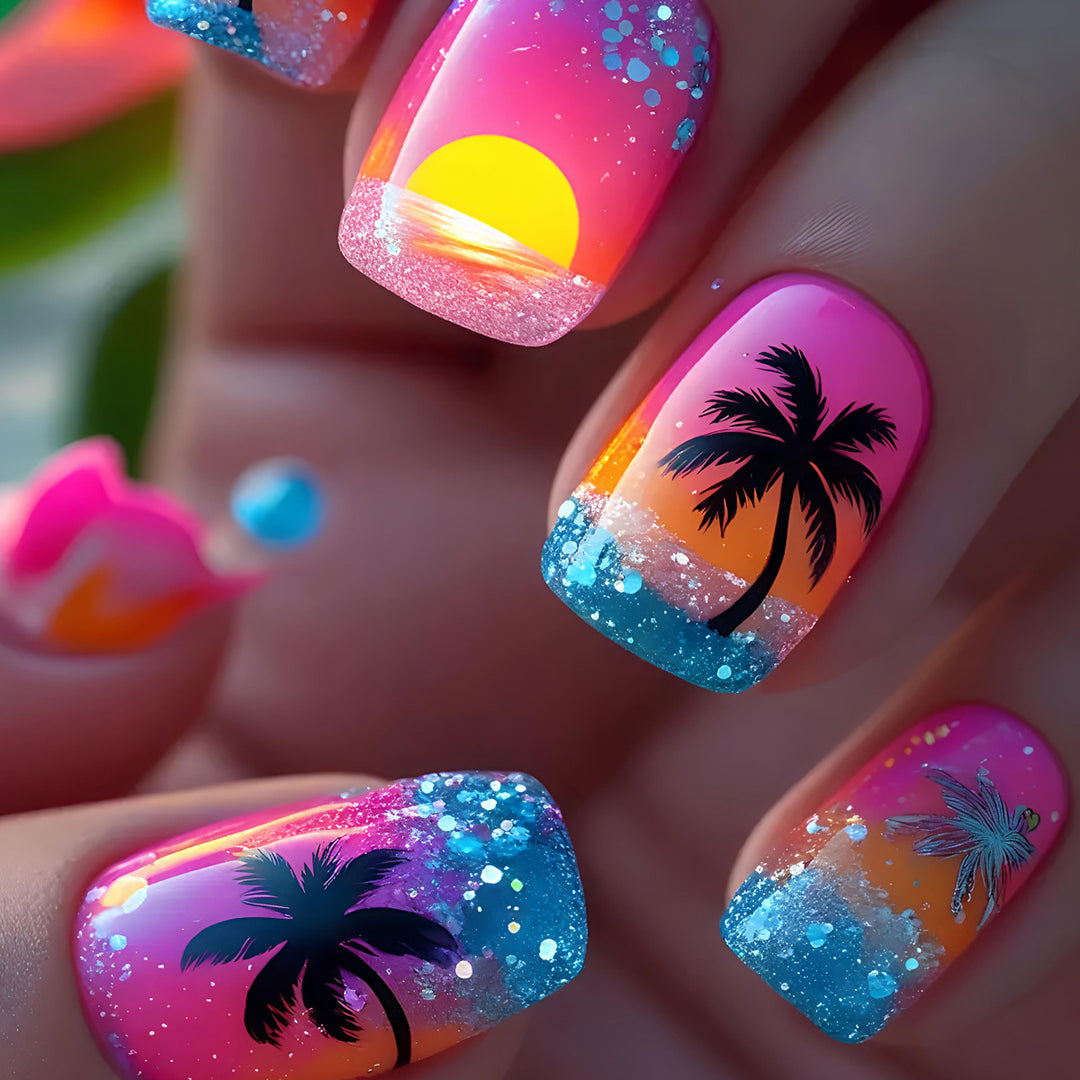 Artificial nails with luminous sunset design Bowlift