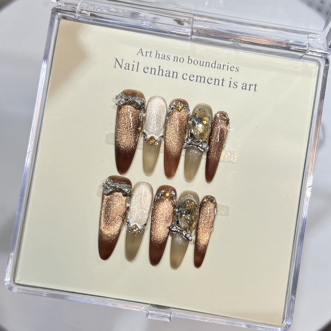 Artistic Stiletto Press-On Nail Set with Gemstone Accents Bowlift