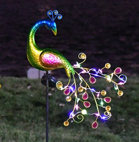Decorative Metal Peacock Garden Stake Sculpture With Integrated LED Fairy Lights And Weatherproof Outdoor Stake Bowlift